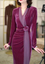 Chinese Style Purple V Neck Wrinkled Rose Silk Velvet Long Dress Winter