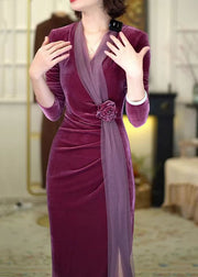 Chinese Style Purple V Neck Wrinkled Rose Silk Velvet Long Dress Winter