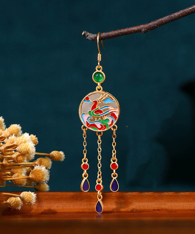 Chinese Style Rainbow Copper Overgild Jade Enamel Tassel Drop Earrings