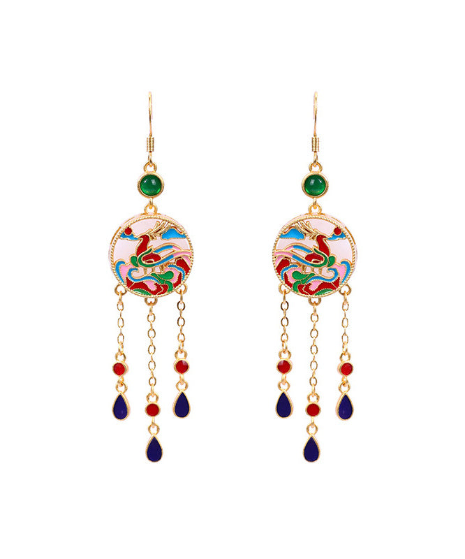 Chinese Style Rainbow Copper Overgild Jade Enamel Tassel Drop Earrings