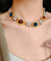 Chinese Style Rainbow Sterling Silver Alloy Pearl Resin Collar Necklace