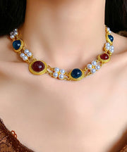 Chinese Style Rainbow Sterling Silver Alloy Pearl Resin Collar Necklace