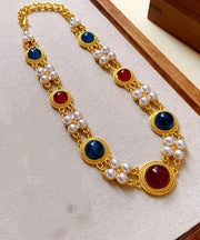 Chinese Style Rainbow Sterling Silver Alloy Pearl Resin Collar Necklace