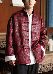 Chinese Style Red Button Pockets Silk Mens Coat Spring