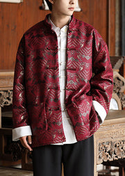 Chinese Style Red Button Pockets Silk Mens Coat Fall