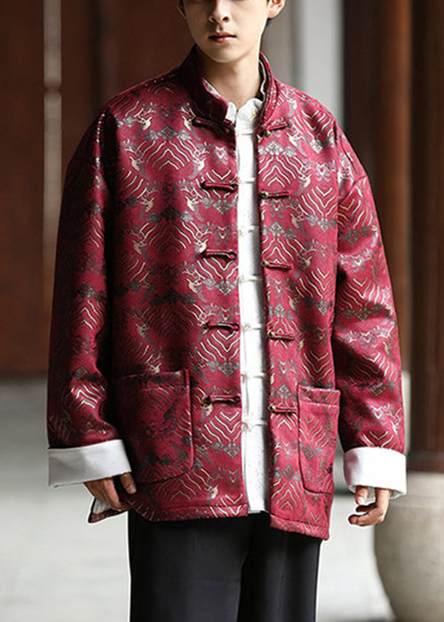 Chinese Style Red Button Pockets Silk Mens Coat Fall