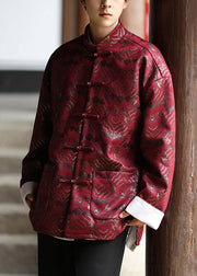 Chinese Style Red Button Pockets Silk Mens Coat Spring