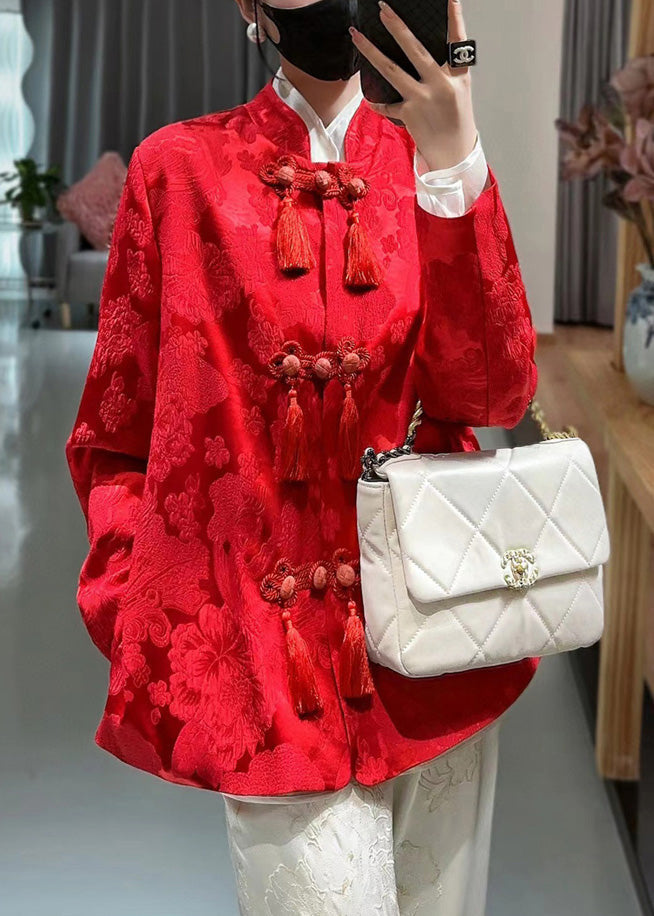 Chinese Style Red Button Tasseled Silk Shirt Spring