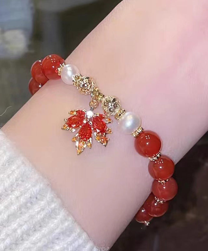 Chinese Style Red Copper Alloy Agate Maple Leaf Pearl Charm Bracelet