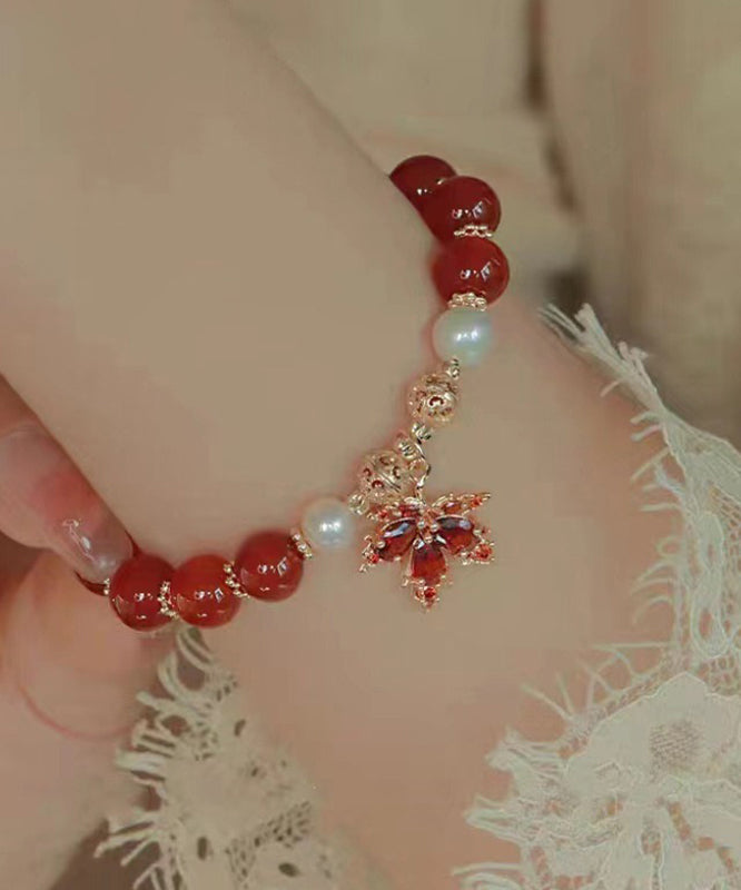 Chinese Style Red Copper Alloy Agate Maple Leaf Pearl Charm Bracelet