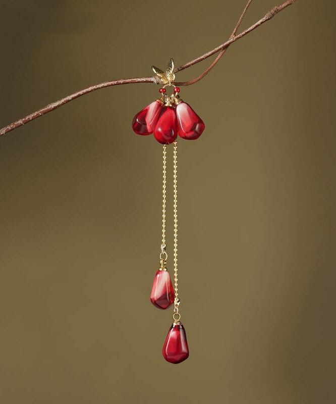 Chinese Style Red Copper Overgild Resin Glass Beads Tassel Drop Earrings