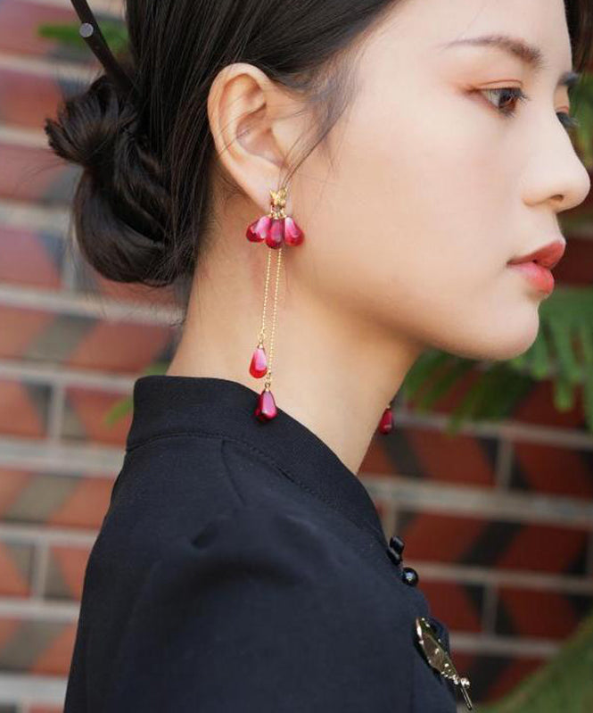 Chinese Style Red Copper Overgild Resin Glass Beads Tassel Drop Earrings