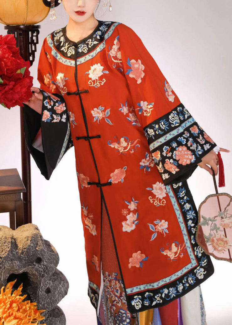 Chinese Style Red Embroidered Button Silk Two Pieces Set Long Sleeve
