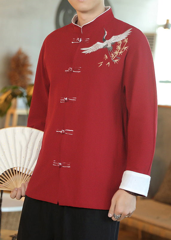 Chinese Style Red Embroideried Button Cotton Shirt Men Spring