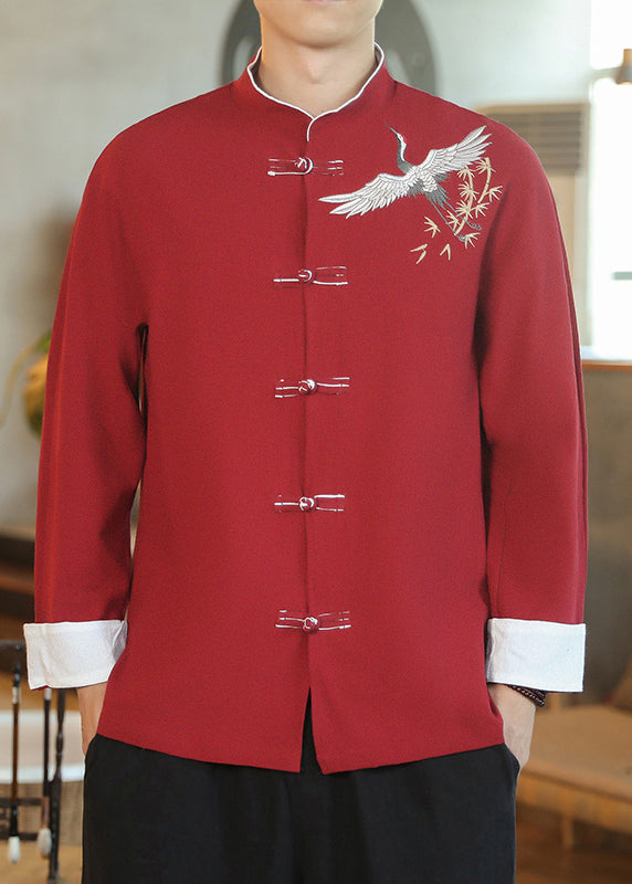 Chinese Style Red Embroideried Button Cotton Shirt Men Spring