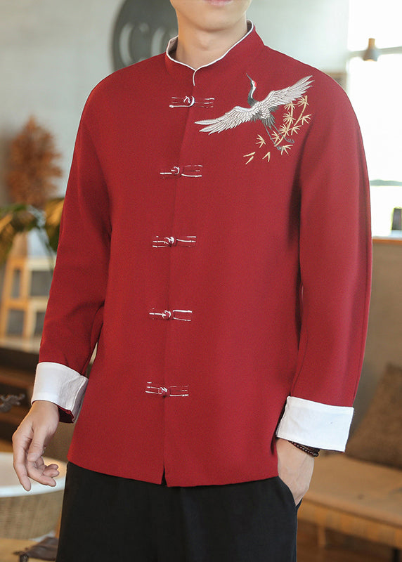 Chinese Style Red Embroideried Button Cotton Shirt Men Fall