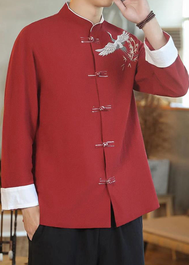 Chinese Style Red Embroideried Button Cotton Shirt Men Spring