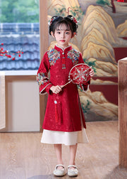 Chinese Style Red Embroideried Nail Bead Kids Maxi Dress Spring