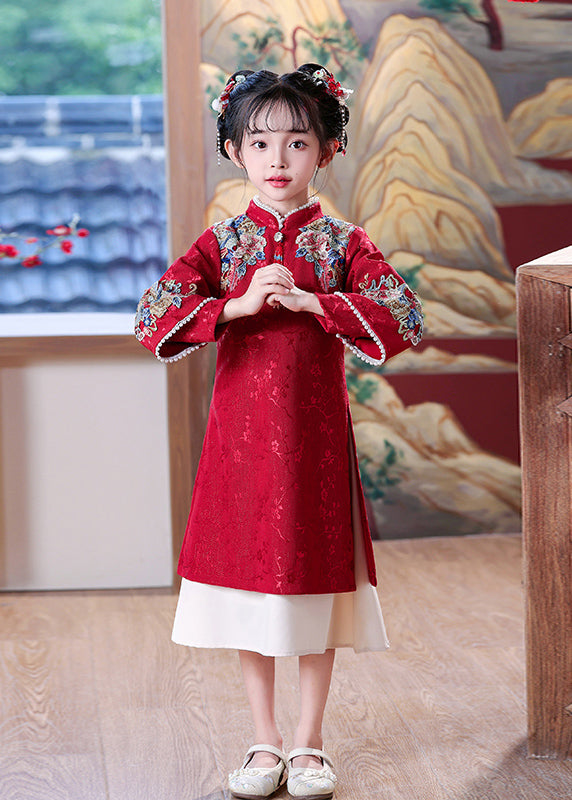 Chinese Style Red Embroideried Nail Bead Kids Maxi Dress Spring