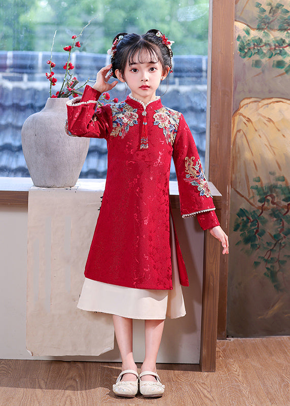 Chinese Style Red Embroideried Nail Bead Kids Maxi Dress Spring