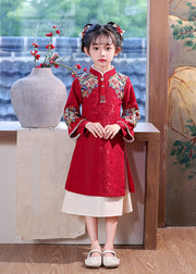 Chinese Style Red Embroideried Nail Bead Kids Maxi Dress Spring