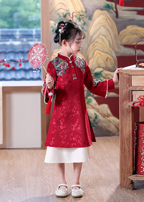 Chinese Style Red Embroideried Nail Bead Kids Maxi Dress Spring