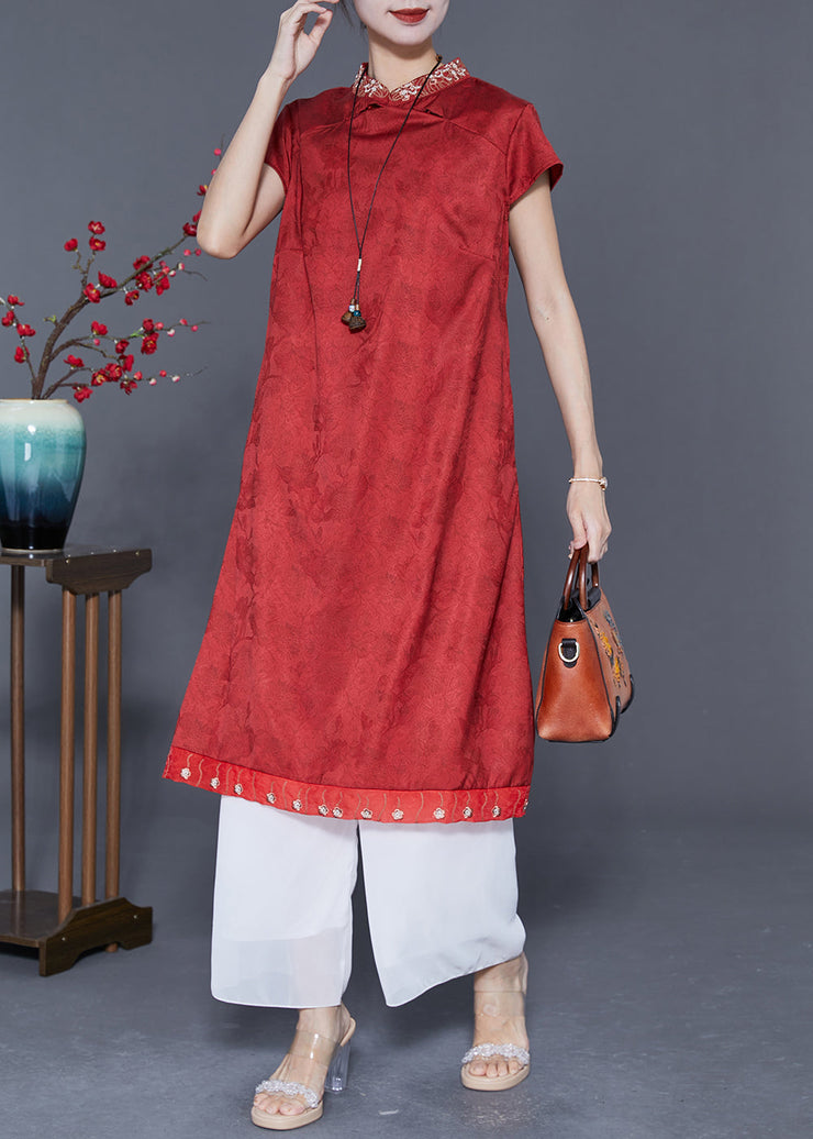 Chinese Style Red Embroidered Patchwork Silk Long Dress Summer