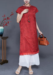 Chinese Style Red Embroidered Patchwork Silk Long Dress Summer