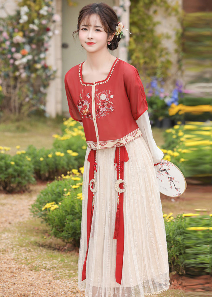 Chinese Style Red Embroidered Tops And Pleated Skirt Chiffon Two Pieces Set Long Sleeve