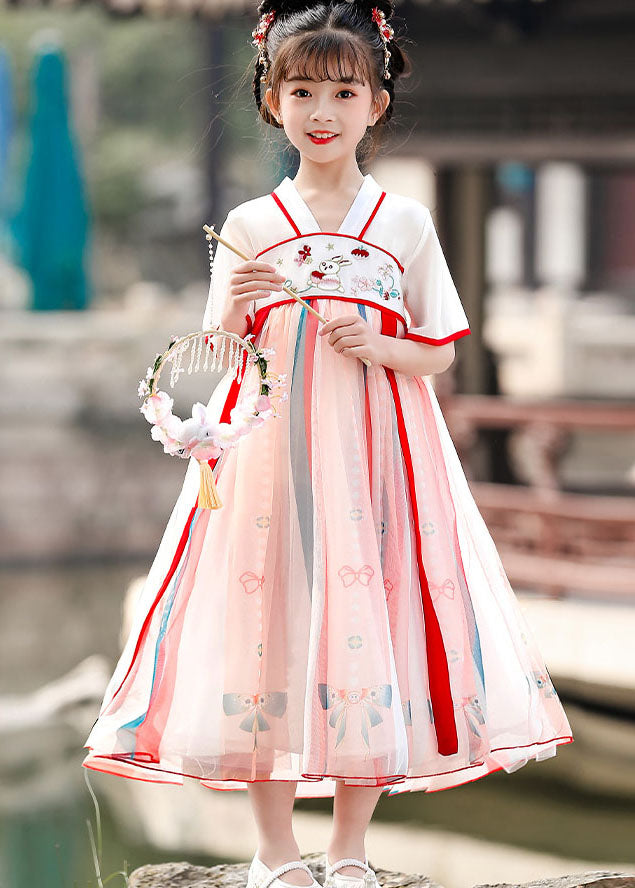 Chinese Style Red Embroideried Wrinkled Patchwork Chiffon Kids Girls Dresses Summer