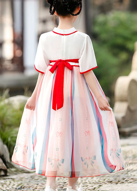 Chinese Style Red Embroideried Wrinkled Patchwork Chiffon Kids Girls Dresses Summer