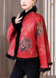 Chinese Style Red Fur Collar Print Patchwork Cotton Filled Coats Winter