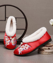 Chinese Style Red Fuzzy Wool Lined Embroidery Flats Shoes