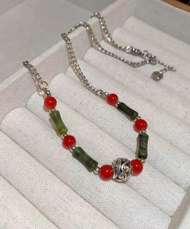 Chinese Style Red Green Stainless Steel Overgild Chalcedony Bamboo Joint Patchwork Graduated Bead Necklace