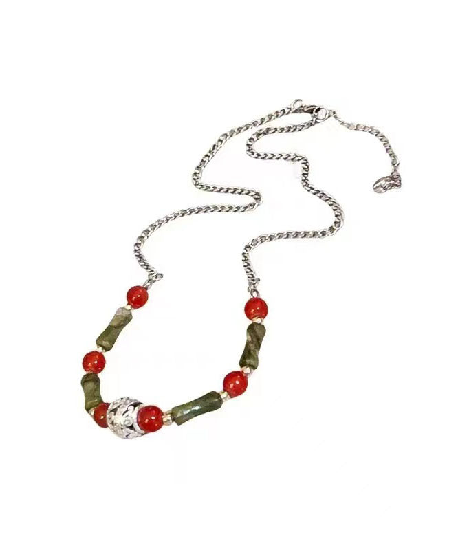 Chinese Style Red Green Stainless Steel Overgild Chalcedony Bamboo Joint Patchwork Graduated Bead Necklace