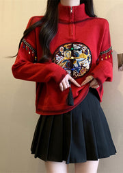 Chinese Style Red Hign Neck Embroidered Knit Sweaters Spring