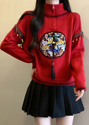 Chinese Style Red Hign Neck Embroidered Knit Sweaters Spring