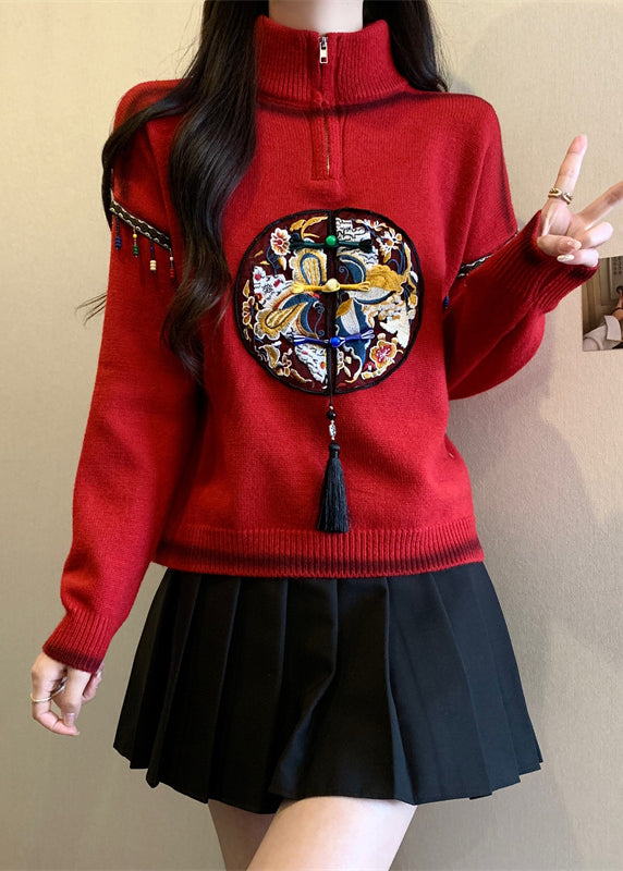 Chinese Style Red Hign Neck Embroidered Knit Sweaters Spring