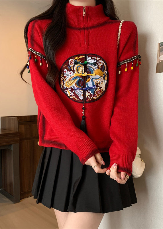 Chinese Style Red Hign Neck Embroidered Knit Sweaters Spring