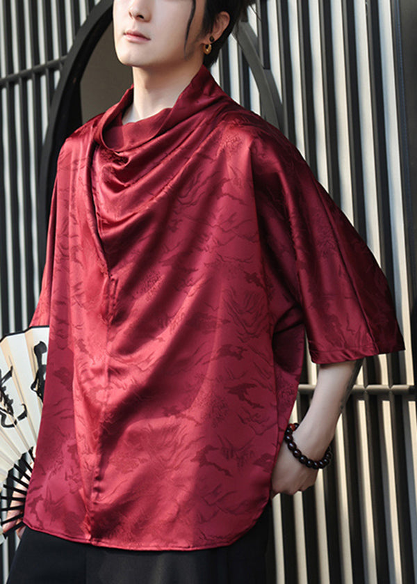 Chinese Style Red Jacquard Loose Silk Mens T Shirt Summer