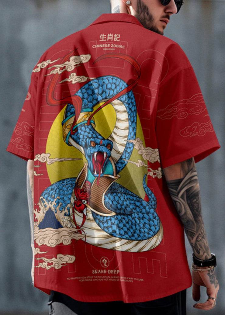 Chinese Style Red Oriental Print Plus Size Short Sleeved Men Shirt