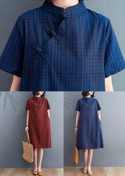 Chinese Style Red Plaid Patchwork Cotton Mid Dress Short Sleeve