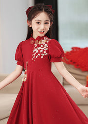 Chinese Style Red Print Patchwork Kids Long Dress Puff Sleeve