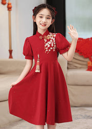 Chinese Style Red Print Patchwork Kids Long Dress Puff Sleeve