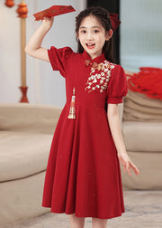 Chinese Style Red Print Patchwork Kids Long Dress Puff Sleeve