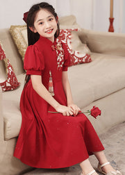 Chinese Style Red Print Patchwork Kids Long Dress Puff Sleeve