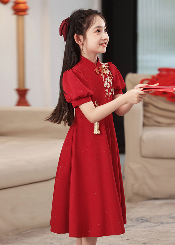 Chinese Style Red Print Patchwork Kids Long Dress Puff Sleeve