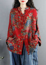 Chinese Style Yellow Print Pockets Button Patchwork Cotton Coats Long Sleeve