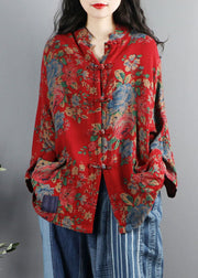 Chinese Style brown-pumpkin Print Pockets Button Patchwork Cotton Coats Long Sleeve