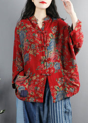 Chinese Style Green Print Pockets Button Patchwork Cotton Coats Long Sleeve